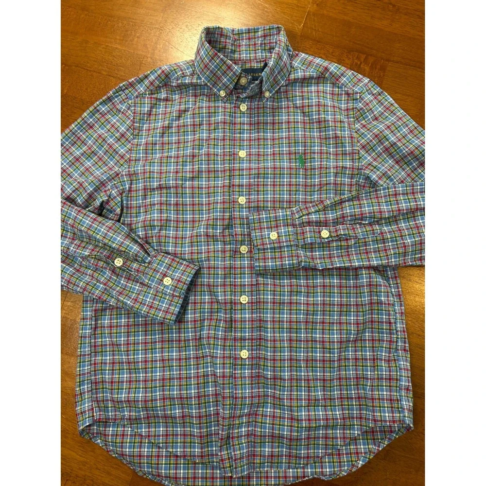 Ralph Lauren Button Down Boys M 10-12 Blue Plaid Stretch Long Sleeve Shirt